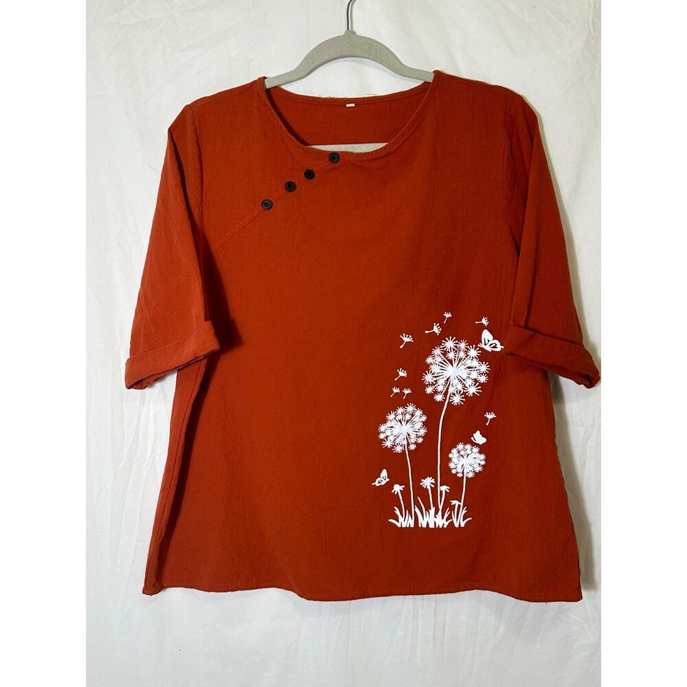 Women's Kawaii Burnt Orange Cotton Blend Dandelion Designed Shirt Size XL